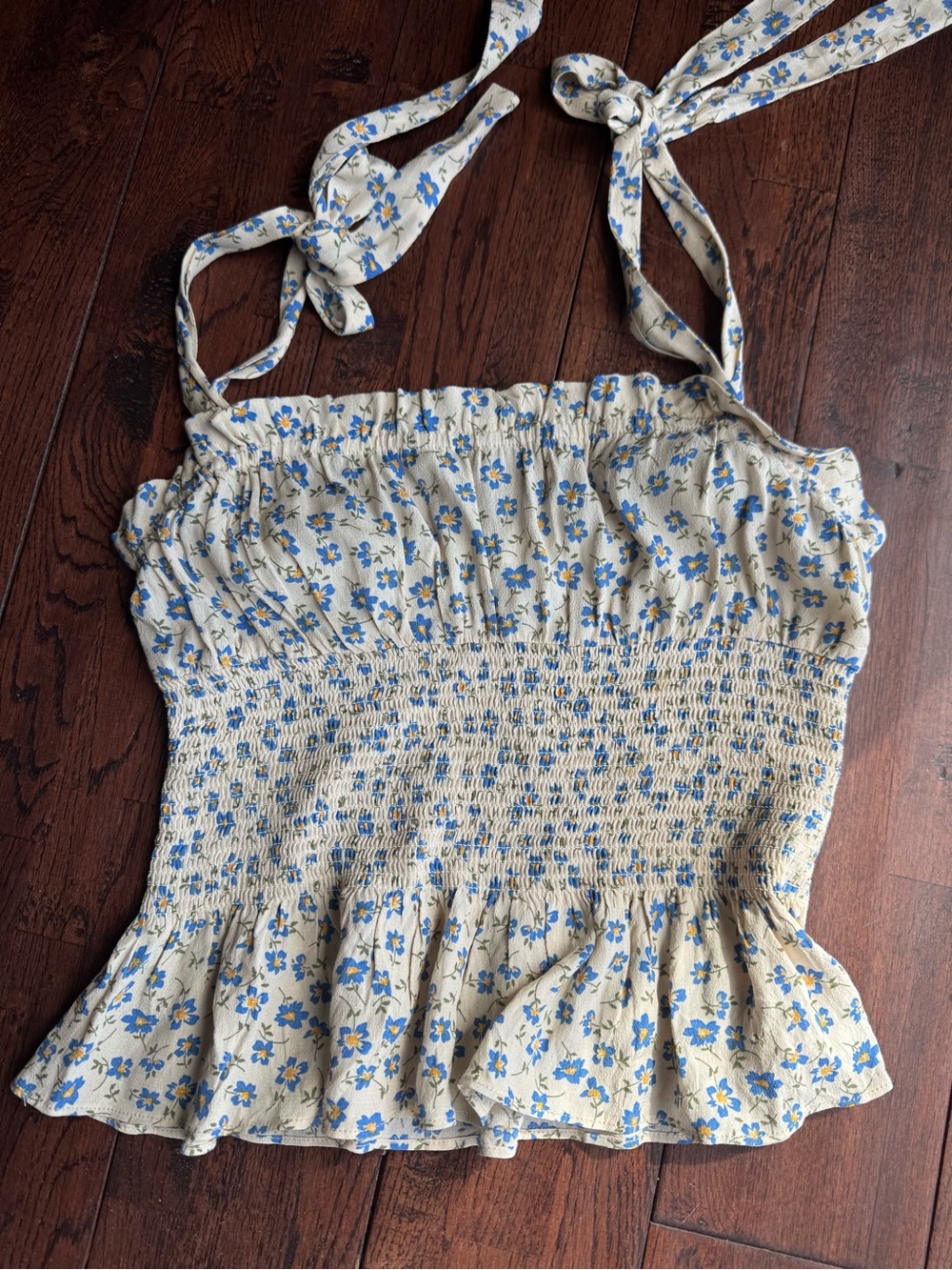 Elodie Prairie Cream Floral Smocked Tie-Shoulder Milkmaid Cami with Blue Flowers